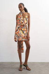 Front image of a model wearing the Viva draped scarf mini dress in multi, by brand Top shop