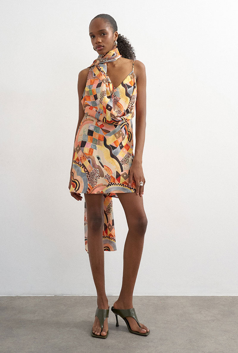 Front image of a model wearing Viva draped scarf mini dress in multi, by brand Top shop