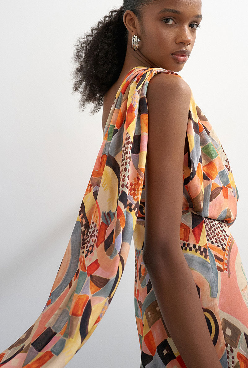 Front image of a model wearing Viva draped scarf mini dress in multi, by brand Top shop