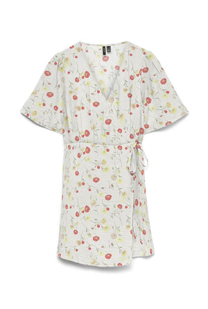 Front image of the Josie ss wrap short dress in white, by brand Vero moda