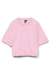 Front image of the Aya penny ss cropped top in pink, by brand Vero moda