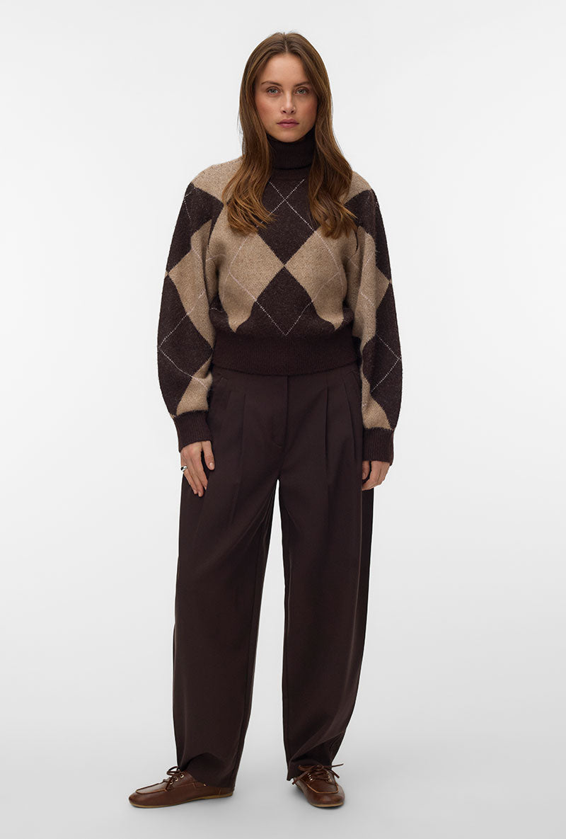 Front image of a model wearing Darla ls rollneck pullover in chocolate, by brand Vero moda