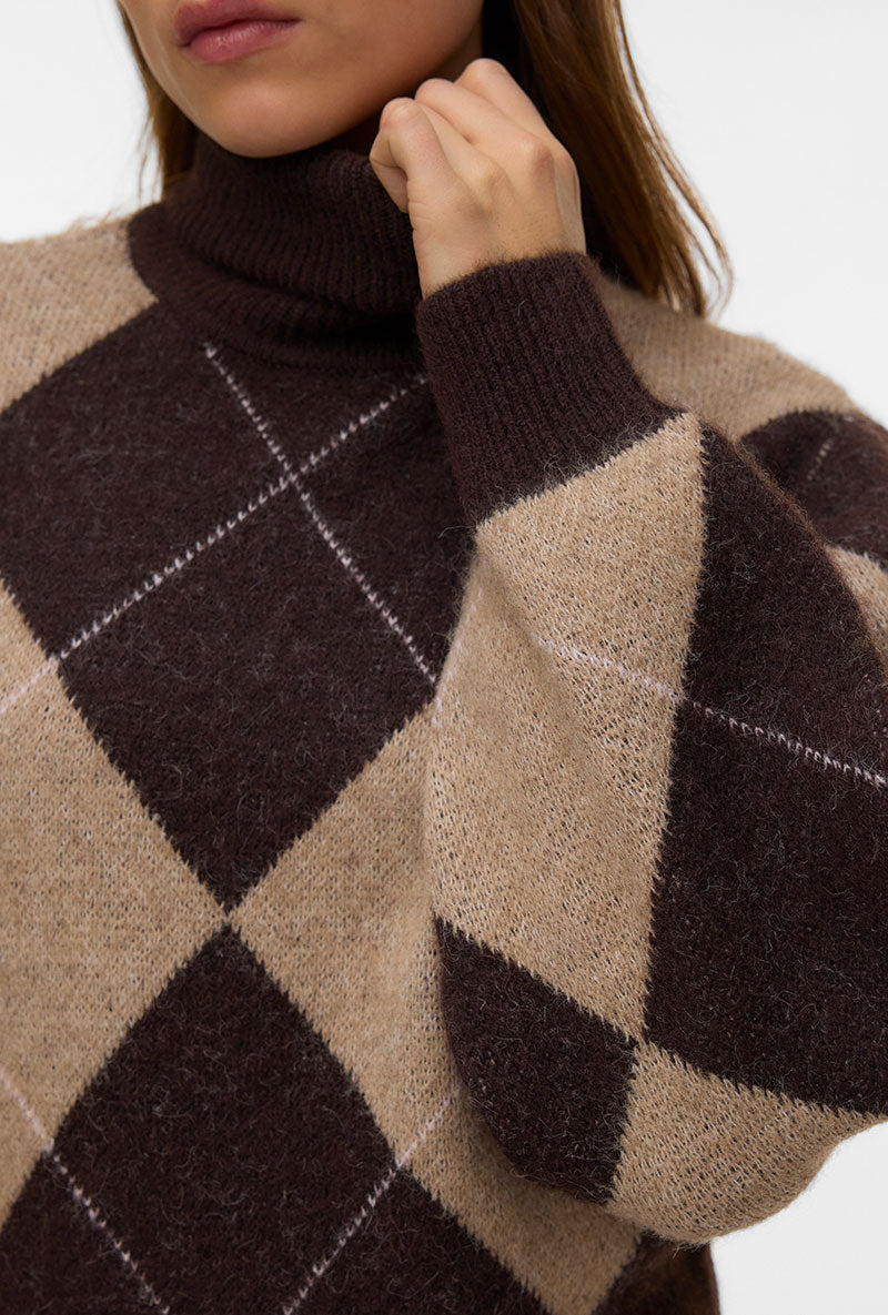 Front image of a model wearing Darla ls rollneck pullover in chocolate, by brand Vero moda