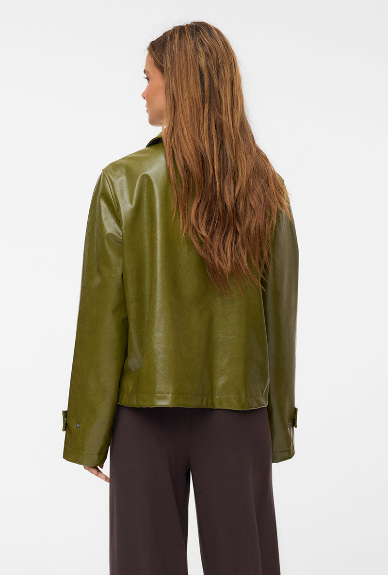 Back image of a model wearing Dash short coated jacket in green, by brand Vero moda
