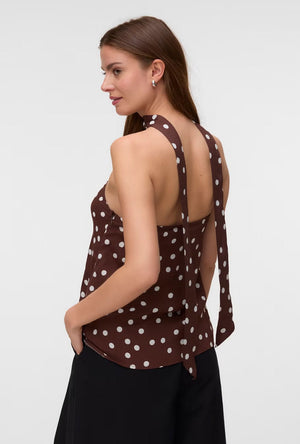 Back image of a model wearing the Elisa scarf tube top in chocolate, by brand Vero moda