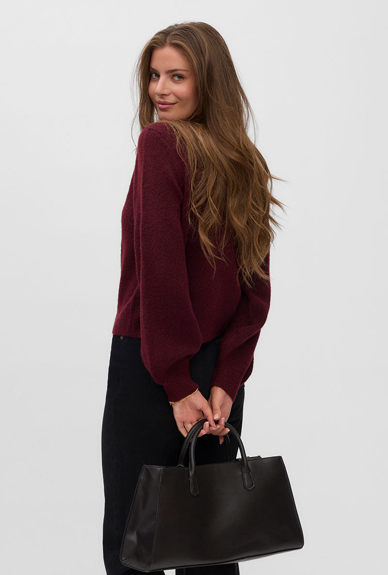 Back image of a model wearing Hazel ls oneck cardigan in burgundy, by brand Vero moda