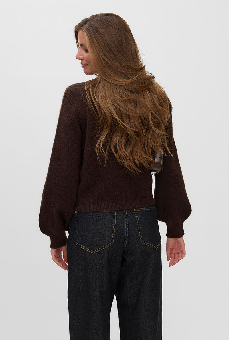 Back image of a model wearing Hazel ls oneck cardigan in chocolate, by brand Vero moda