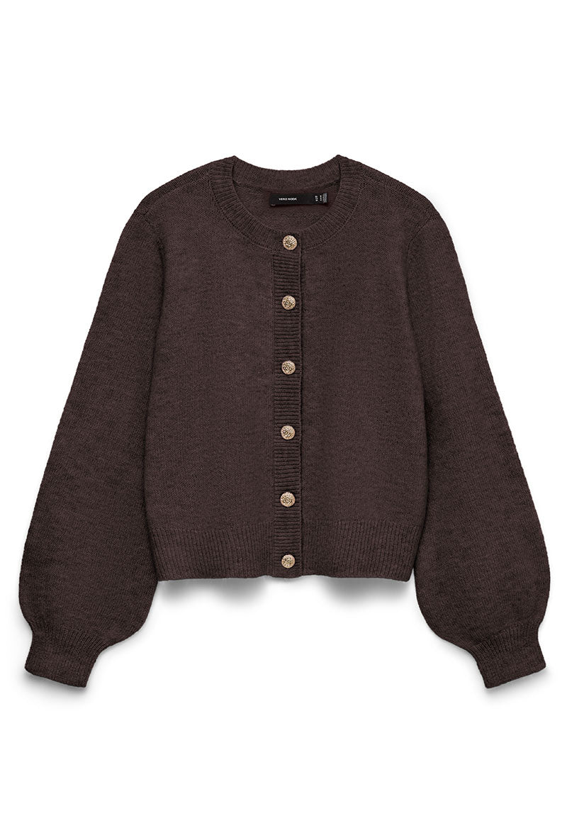 Front image of Hazel ls oneck cardigan in chocolate, by brand Vero moda