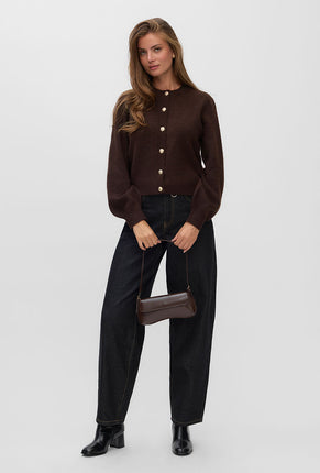 Front image of a model wearing Hazel ls oneck cardigan in chocolate, by brand Vero moda