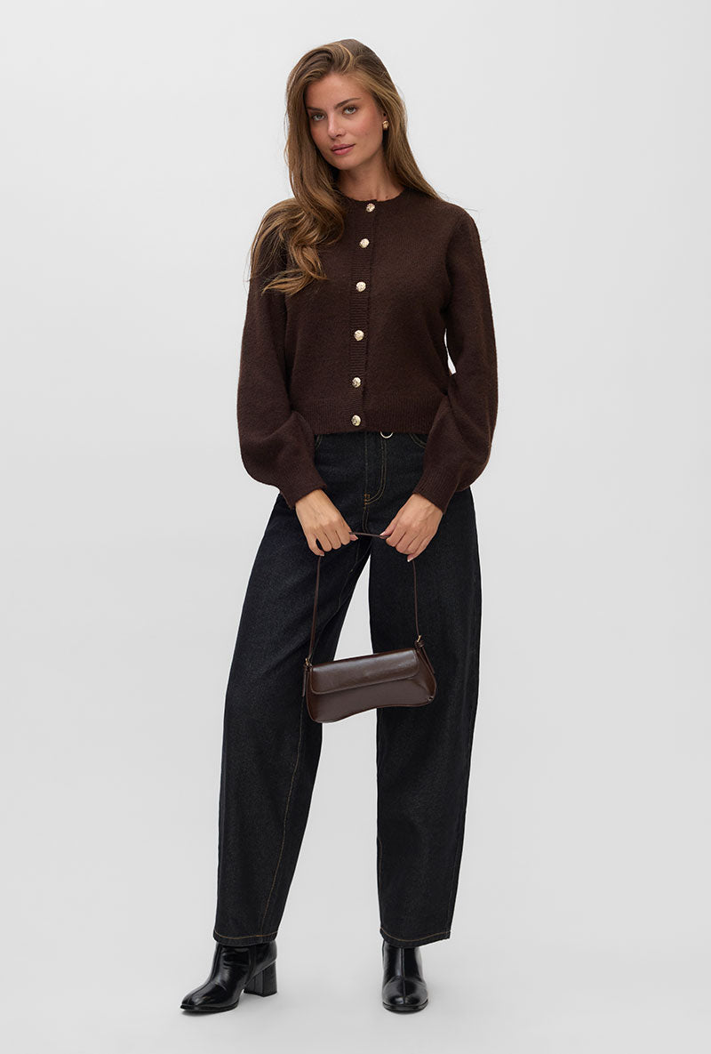 Front image of a model wearing Hazel ls oneck cardigan in chocolate, by brand Vero moda