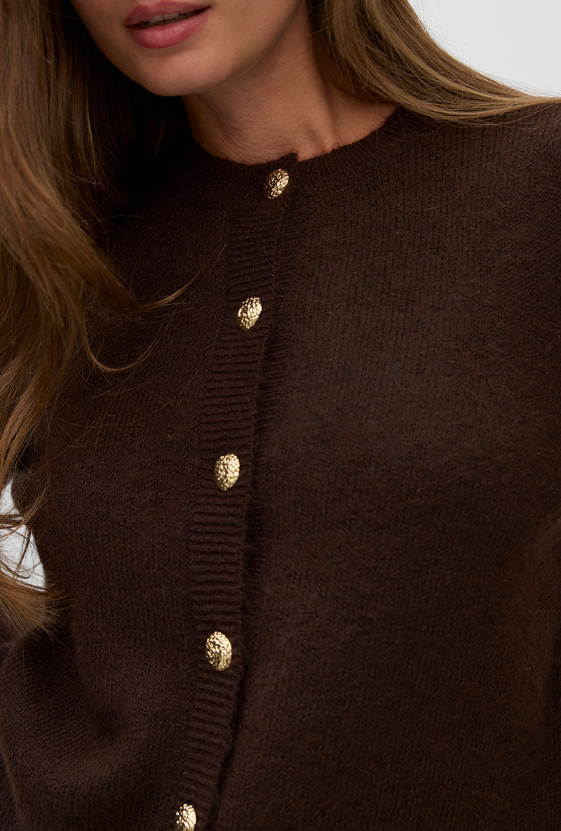 Front image of a model wearing Hazel ls oneck cardigan in chocolate, by brand Vero moda