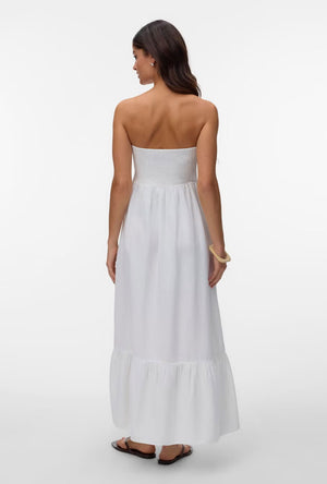 Back image of a model wearing the Lisa bandeau ankle dress in off white, by brand Vero moda