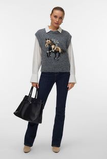 Front image of a model wearing the Marianna sl oneck vest in dark grey, by brand Vero moda