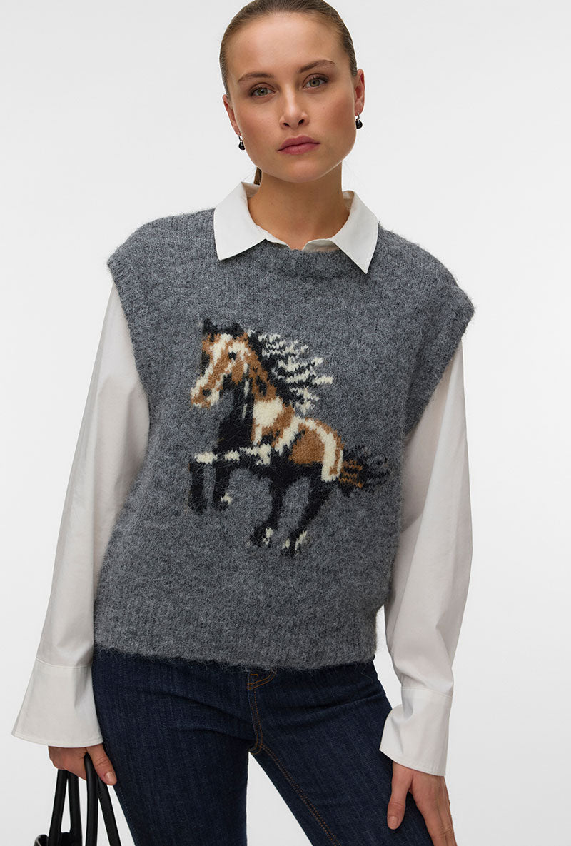 Front image of a model wearing Marianna sl oneck vest in dark grey, by brand Vero moda