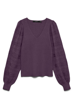 Front image of Puff ls oneck pullover in purple, by brand Vero moda