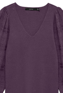 Front detailed image of the Puff ls oneck pullover in purple, by brand Vero moda