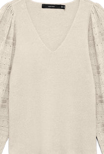 Front detailed image of the Puff ls oneck pullover in off white, by brand Vero moda