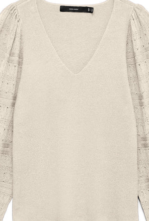 Front detailed image of the Puff ls oneck pullover in off white, by brand Vero moda
