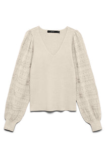 Front image of the Puff ls oneck pullover in off white, by brand Vero moda