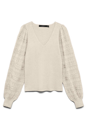 Front image of the Puff ls oneck pullover in off white, by brand Vero moda