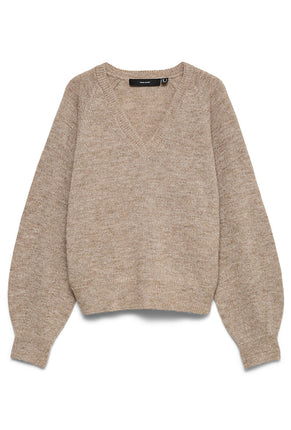 Front image of Teak ls vneck pullover in stone, by brand Vero moda