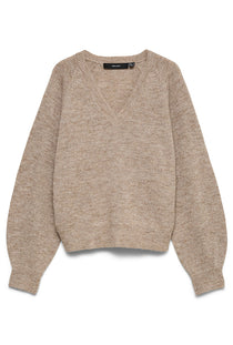 Front image of the Teak ls vneck pullover in stone, by brand Vero moda