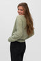Back image of a model wearing the Teak ls vneck pullover in light green, by brand Vero moda