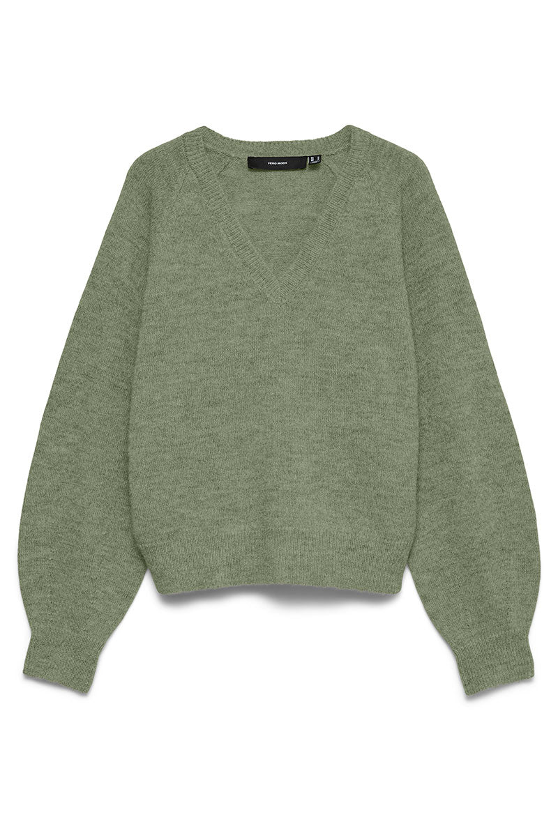 Front image of Teak ls vneck pullover in light green, by brand Vero moda