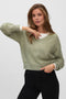 Front image of a model wearing Teak ls vneck pullover in light green, by brand Vero moda
