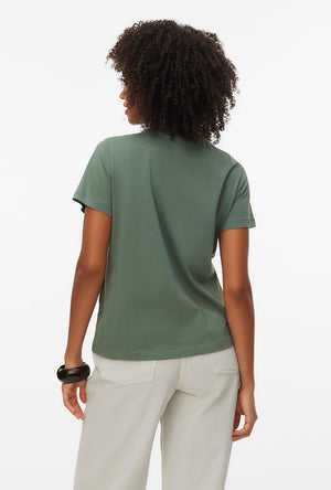 Back image of a model wearing the Vanja francis ss top in green, by brand Vero moda