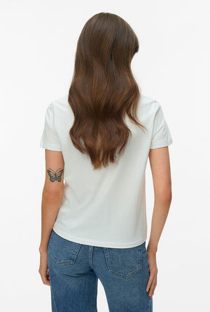 Back image of a model wearing the Vanja francis ss top in white/red, by brand Vero moda