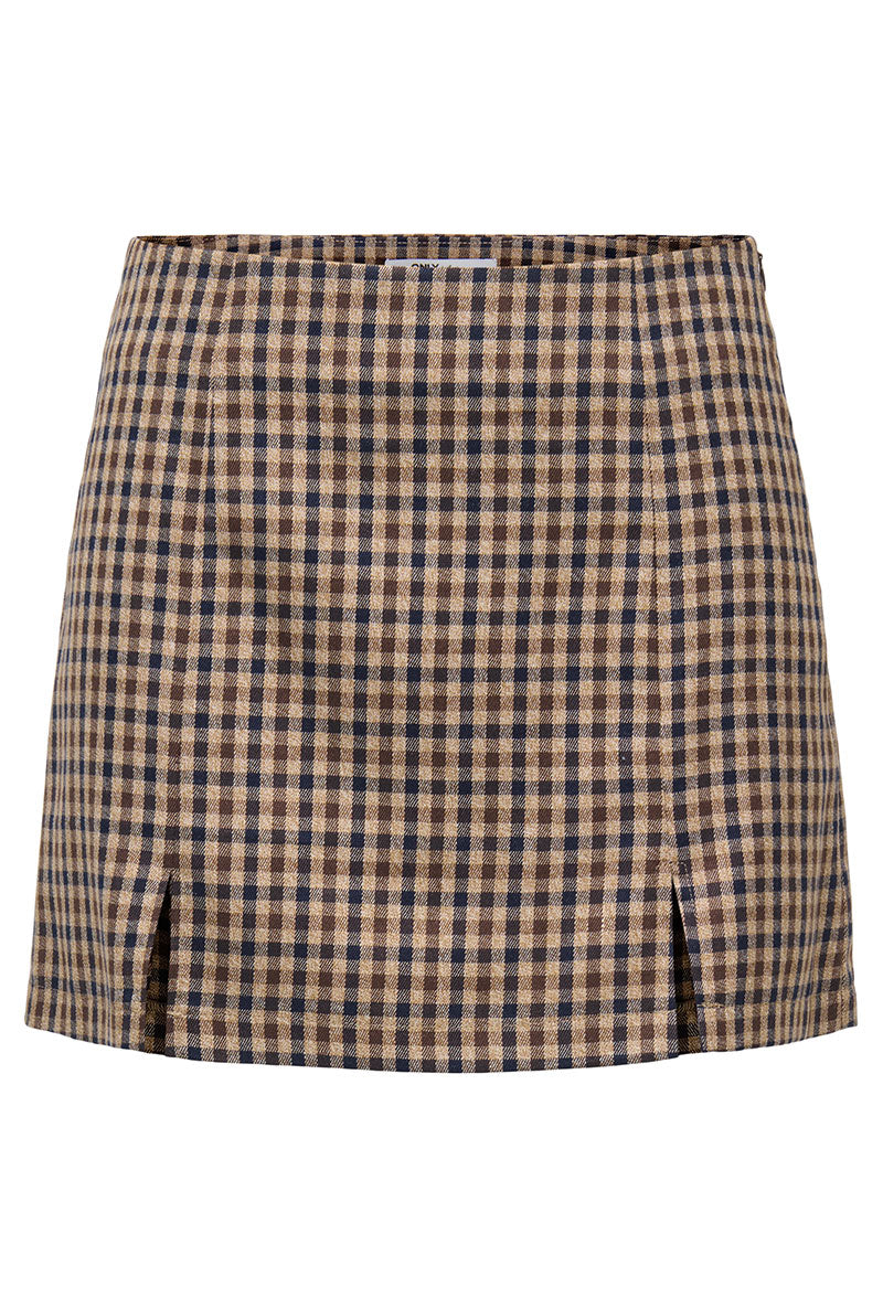 Front image of Violeta hw check slit skirt in brown, by brand Only